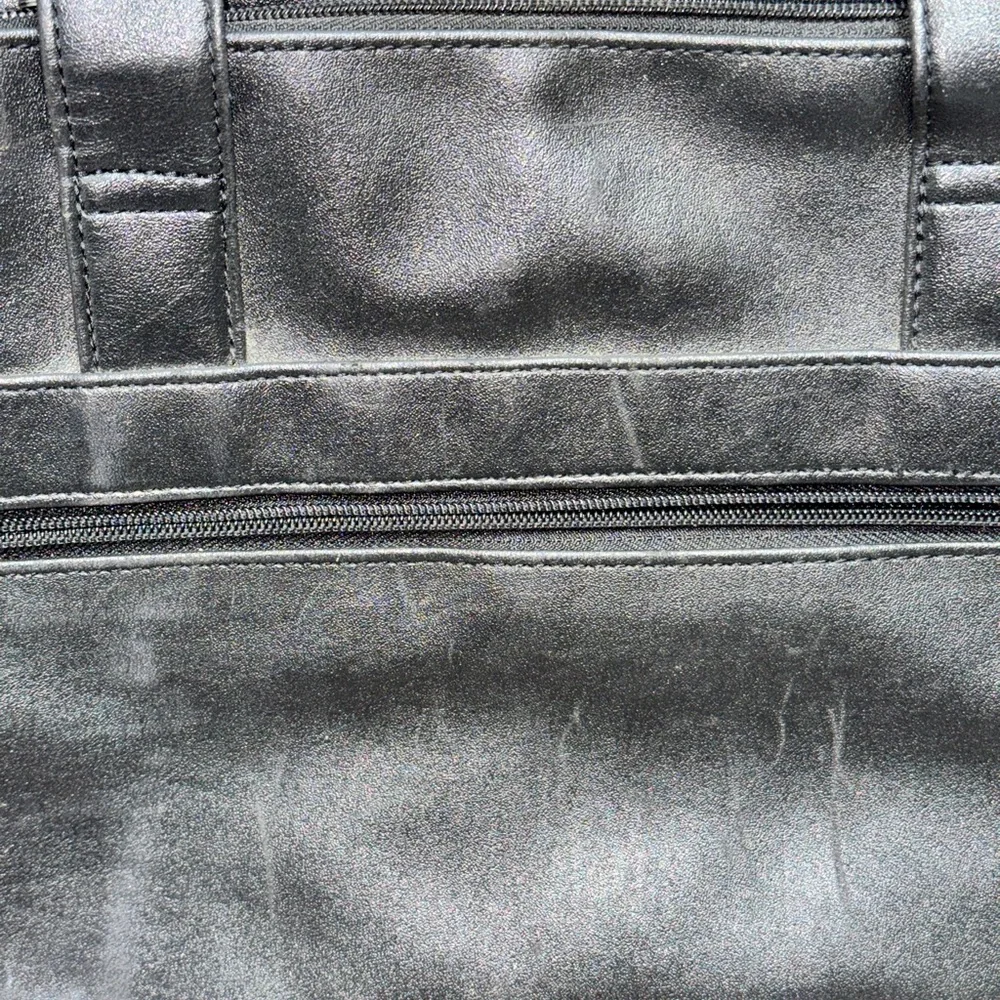 Men's Black Leather Laptop Briefcase with Multiple Pockets and Zippers